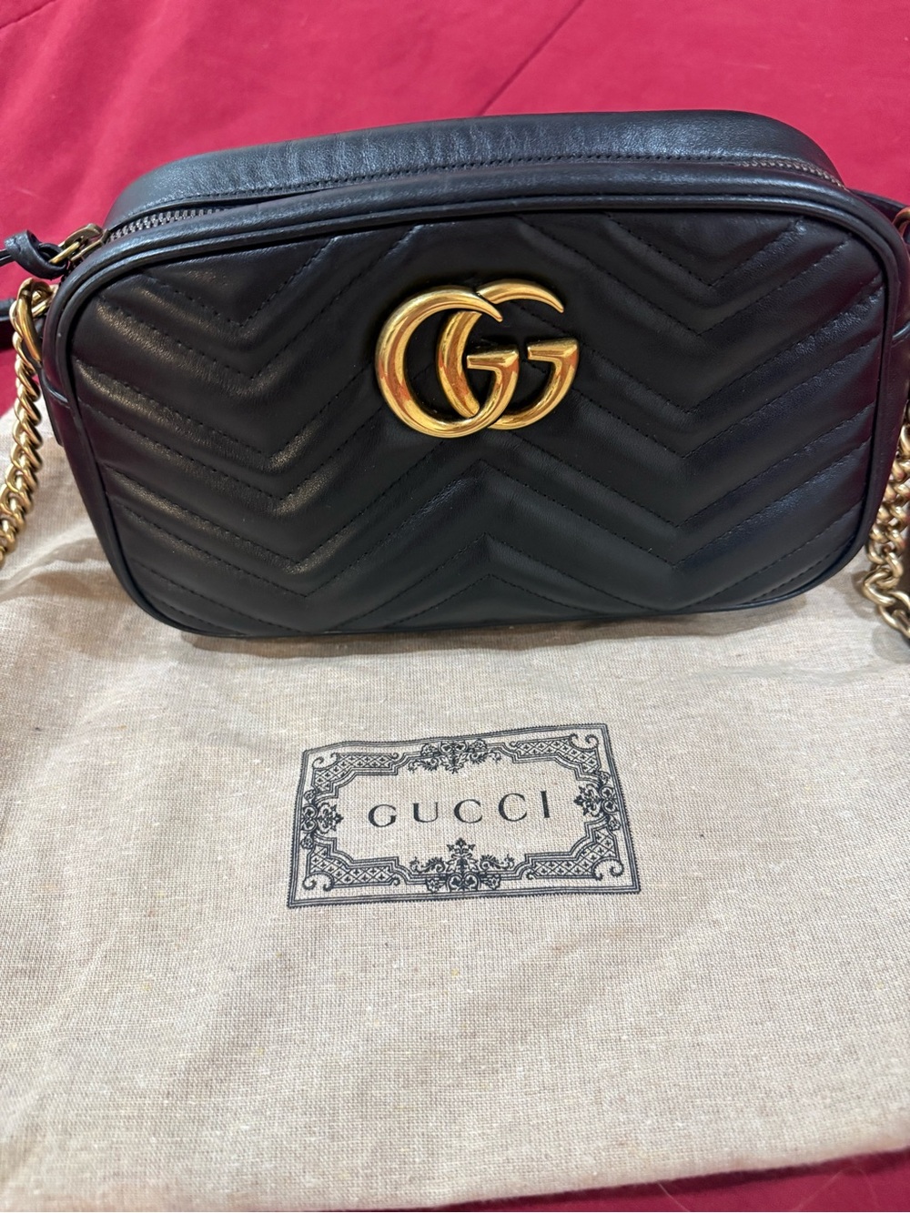 Gucci Black Chevron GG Marmont Crossbody Bag with Gold Hardware